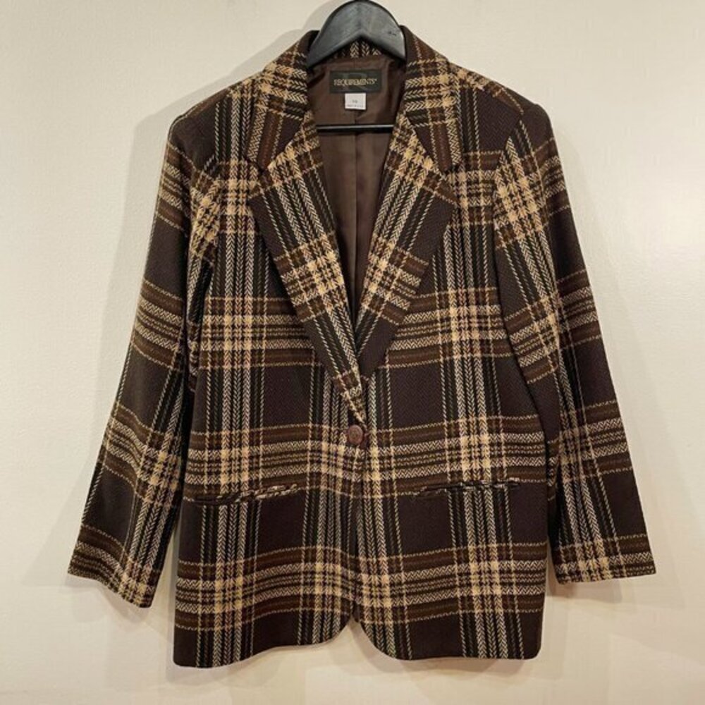 EUC Vintage Wool Blend Plaid Blazer Chocolate Brown 10, M-L fit
